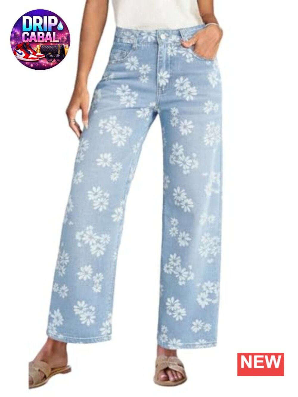 Women's Floral Print Barrel Jeans High Waist Baggy Wide Leg Crop Denim Pants